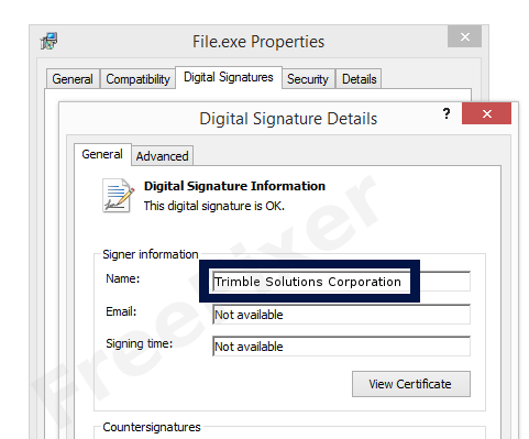 Screenshot of the Trimble Solutions Corporation certificate